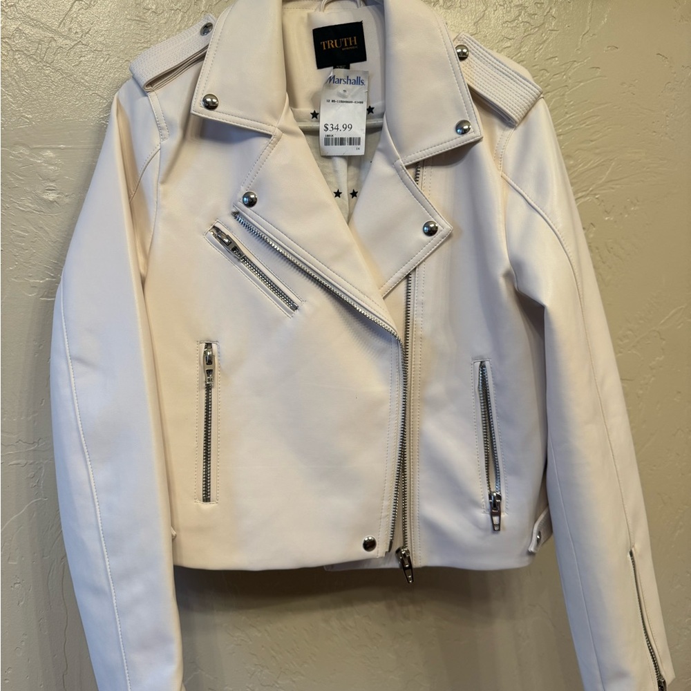 Truth Women's Off-White-Cream Faux Leather Jacket with Silver Accents